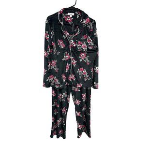 Nicole Miller New York Floral Pajama Set Long Sleeve Top Pants Black Pink Sz M